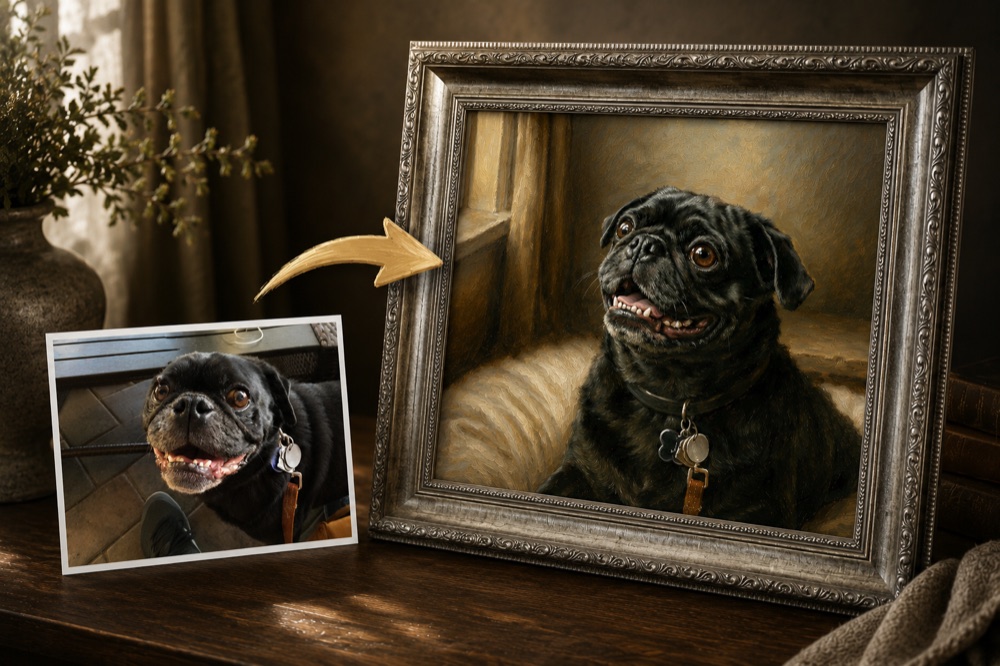 A snapshot of a pug transformed into a framed, painted portrait